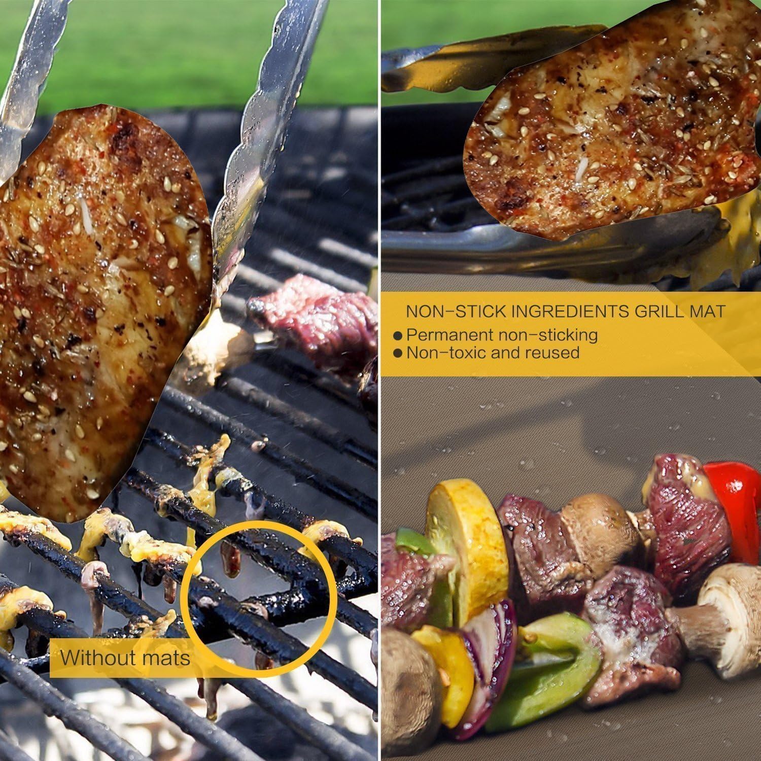 YRYM HT Copper Grill Mat and Bake Mat Set of 5 Non Stick BBQ Grill & Baking Mats - Reusable, Easy to Clean - PTFE Teflon Fiber Grill Roast Sheets for Gas, Charcoal, Electric Grill (Gold): Garden & Outdoor