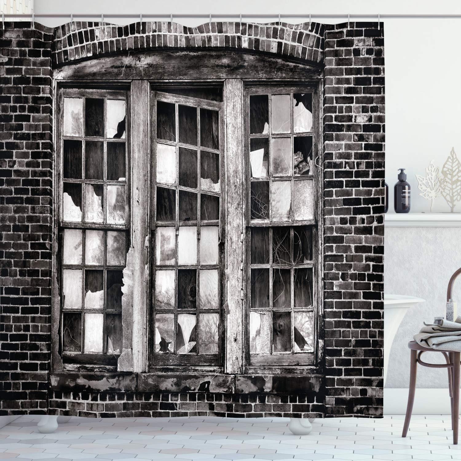 Industrial Decor Shower Curtain By Ambesonne Broken Window With Missing Glass Panes Derelict Blight Factory Brick Wall Fabric Bathroom Decor Set With Hooks 75 Inches Long Black White Amazon Co Uk Kitchen Home