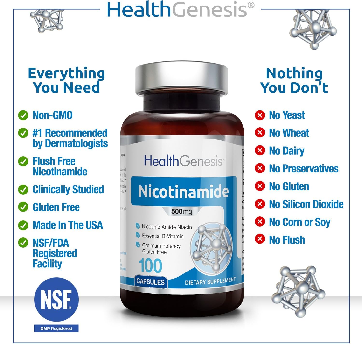 B3 Nicotinamide 500 mg 100 Capsules Natural FlushFree Vitamin