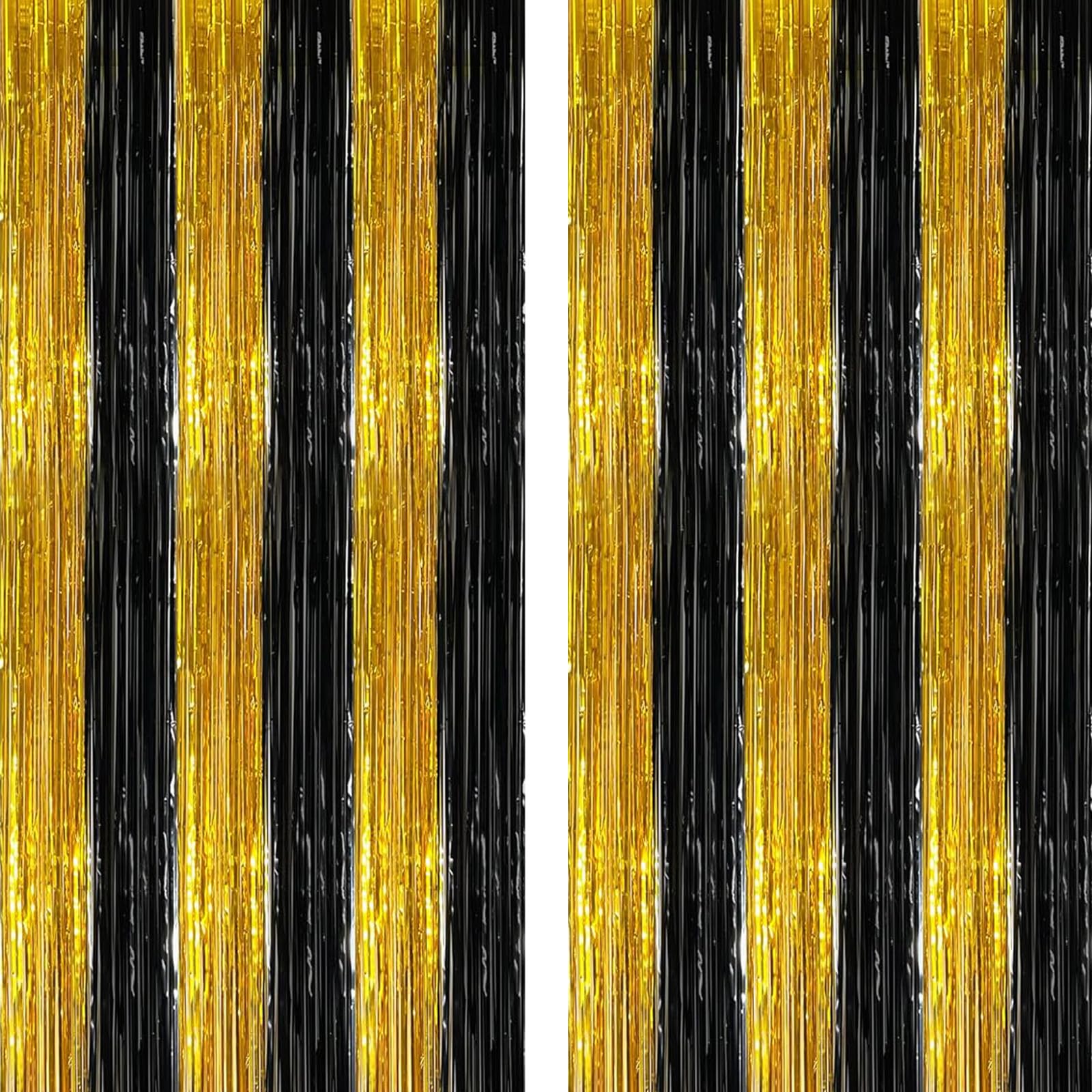 BlackGold Backdrop Streamers - AILEXI 2 Pack 3.2 ft x 8.2 ft Metallic Tinsel Foil Fringe Curtains for Photobooth Party Decor
