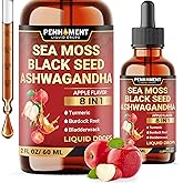 Penhoment 8in1 Sea Moss Liquid Drops with Black Seed, Ashwagandha, Burdock Root & Bladderwrack - Apple Flavor - 60 Days Supply - 2 FL OZ