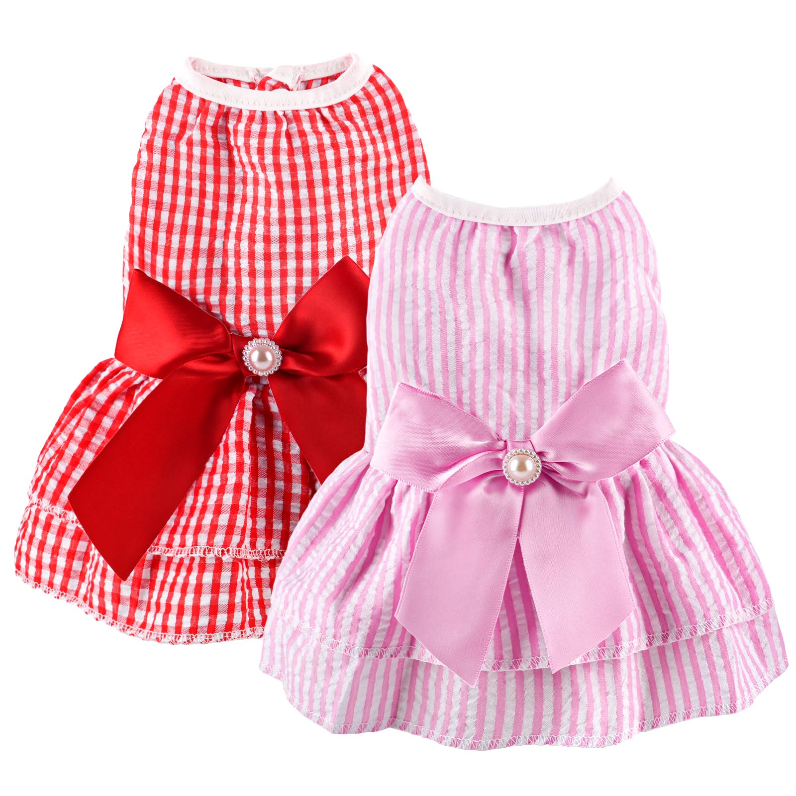 Photo 1 of 2 Pieces Dog Dress Princess Stripe Pet Dresses for Small Dogs Cute Bowknot Dog Summer Clothes for Dogs Cats Pets Puppy Chihuahua Yorkies