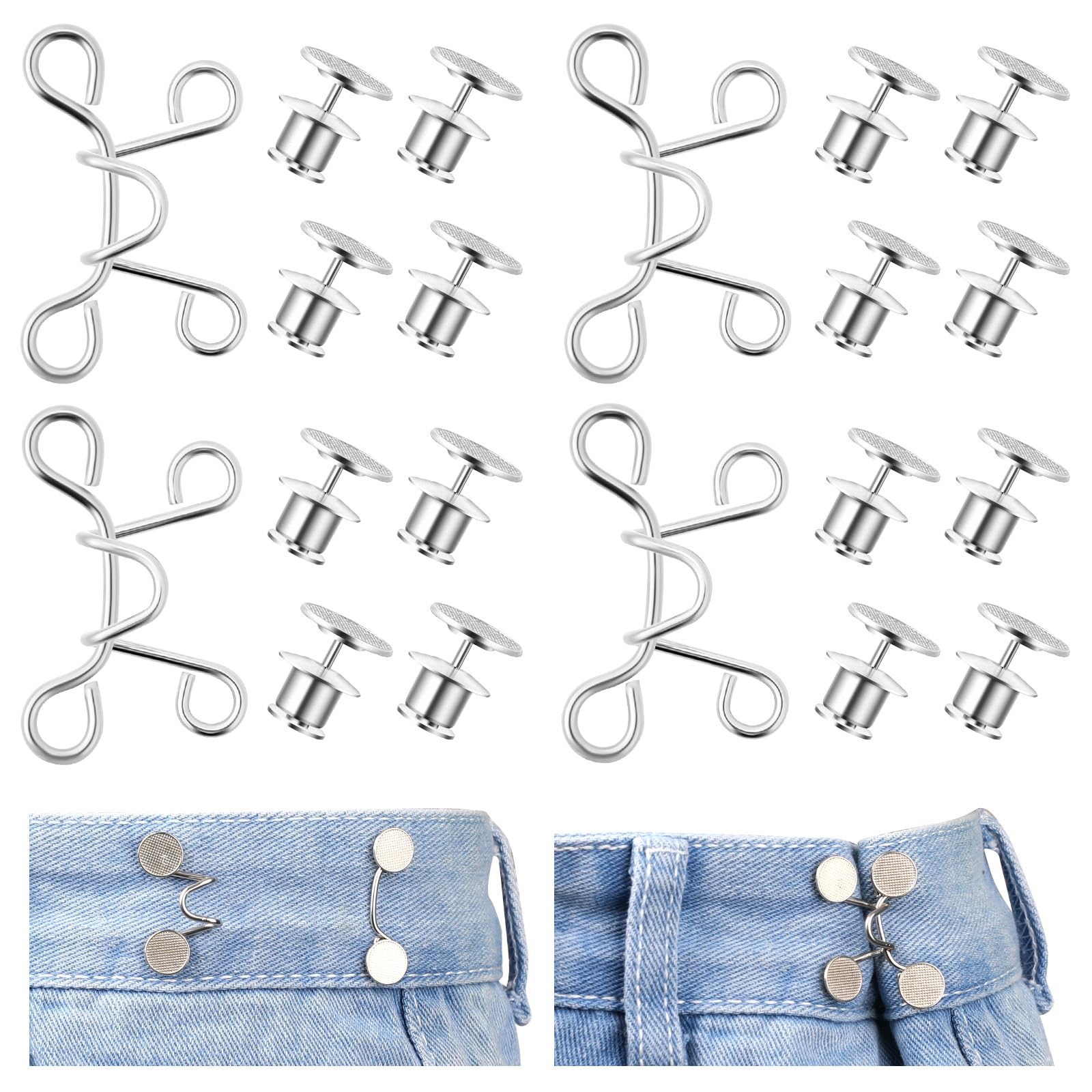 Adjustable Waist Buckle Extender, Reusable Jean Buttons for Loose Jeans Pant Waist Tightener (Silver)