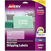 Avery Printable Shipping Labels with Sure Feed, 2" x 4" Customizable Stickers, Matte Clear, 250 Blank Mailing Labels, Great for Mailing, Shipping, and More (8663)