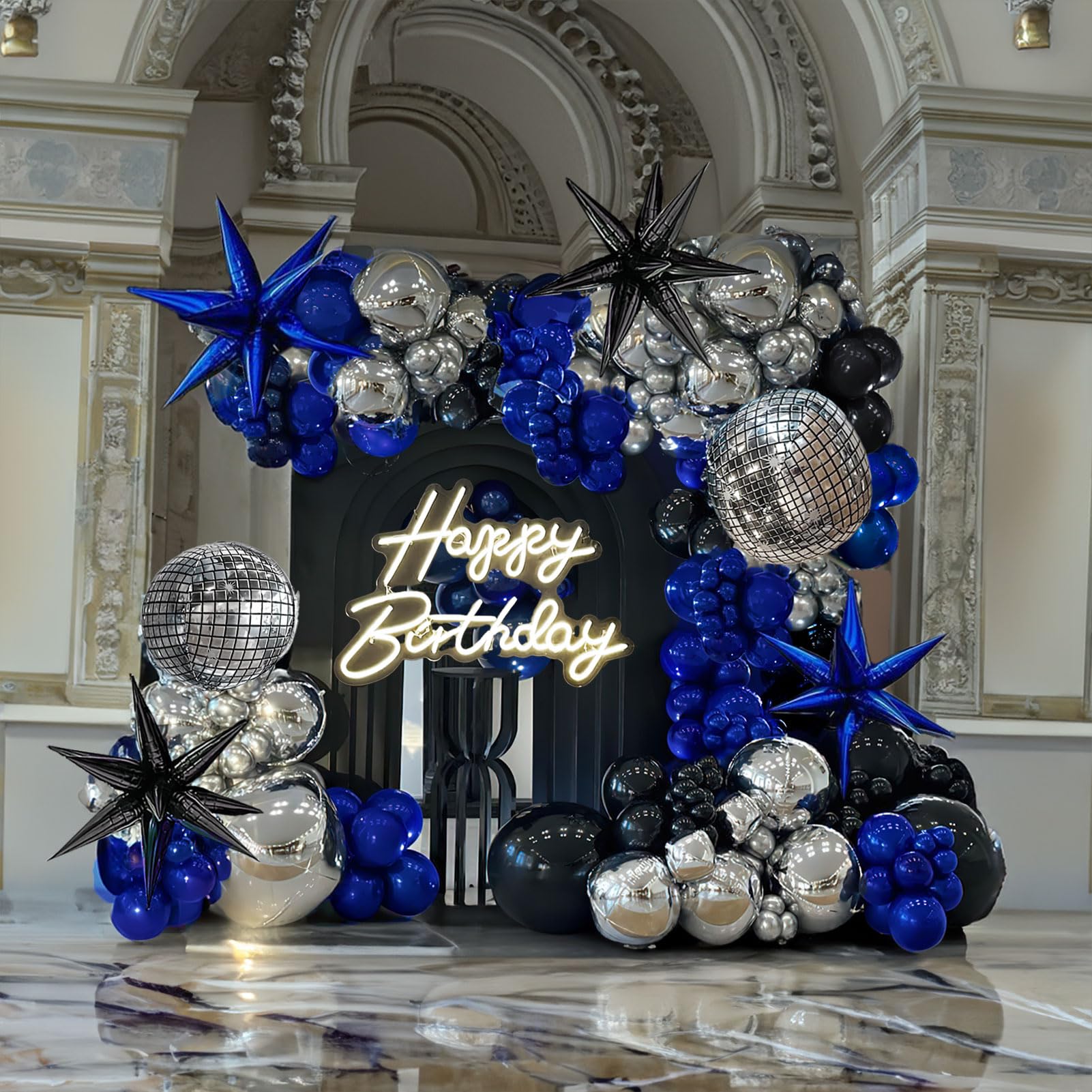 Photo 1 of **USED****MISSING PARTS**
 yeewaka royal blue and black silver disco balloon garland arch kit 170+pcs with 4D disco ball diy Star balloons mylar balloon for Birthday graduations Prom disco party decorations
