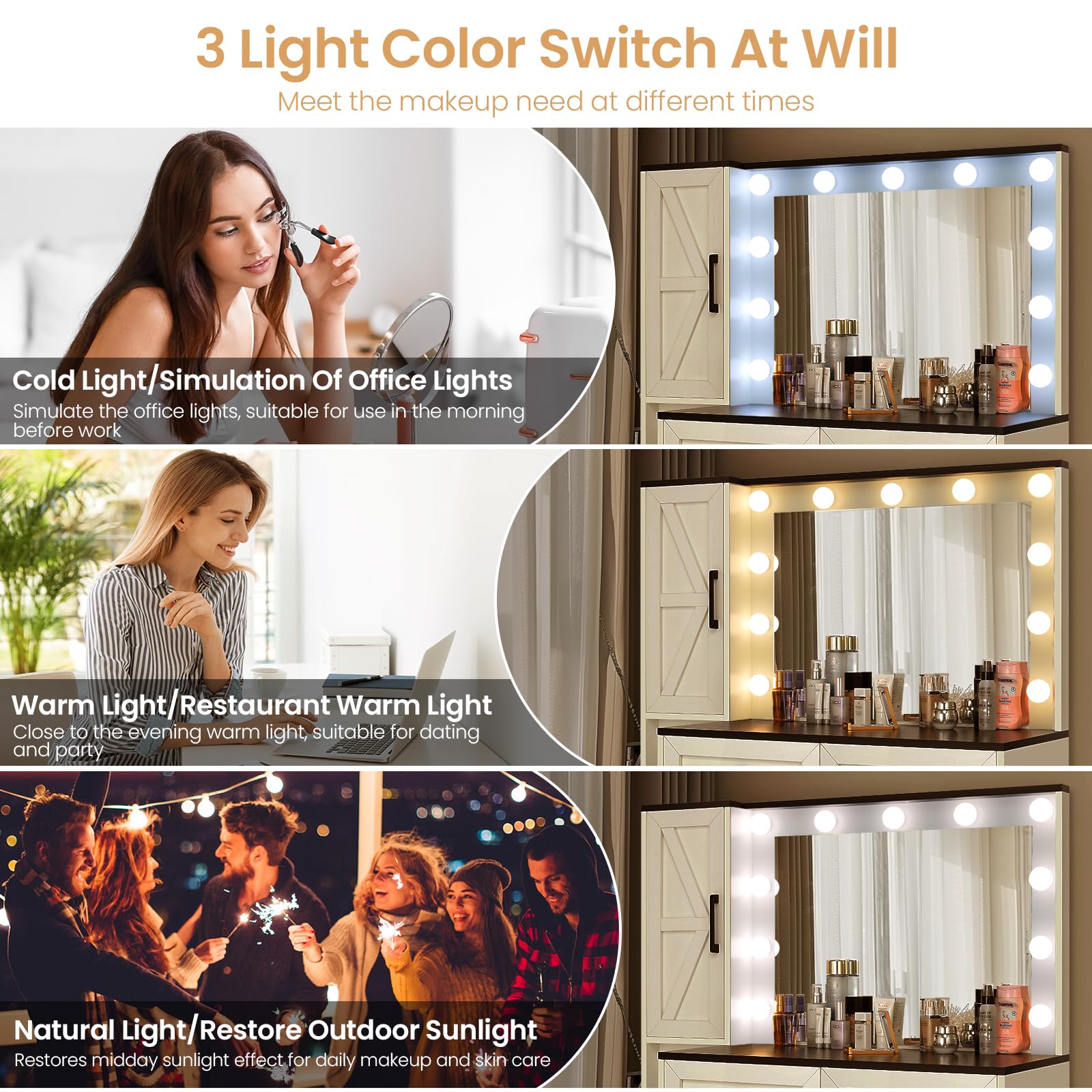 elifine Makeup Vanity Desk with Mirror and Lights - 40'' Farmhouse Vanity Table with Power Outlet & 4 Drawers, 3 Color Lighting Mode, Bedroom Dressing Table for Girl, Women