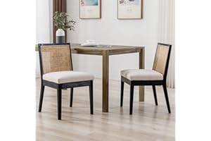 BESTANO Farmhouse Rattan Dining Chairs Set of 2 Black Wooden Dining Room Chairs Rectangle Cane Country Kitchen Chairs Upholstered Dining Chairs, Cream Linen