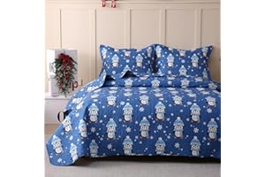 JSD 3 Pcs Kids Christmas Quilt Set Full/Queen, Blue Penguin Christmas Theme Bedding, Soft Microfiber Bedspread Coverlet Holiday Quilted Blanket