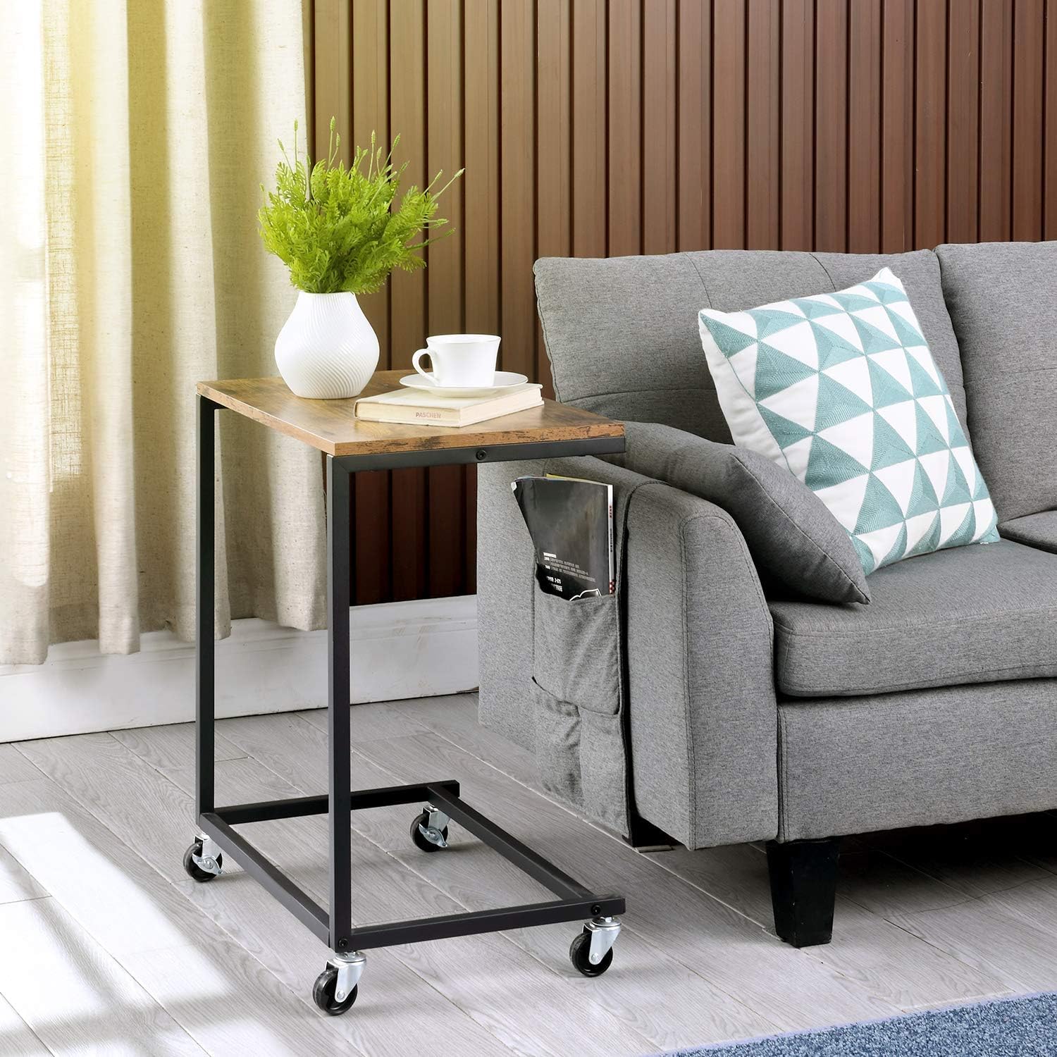 Ohuhu C Shaped Side End Table, Mobile Laptop Table with Optional Adjustable Feet and Casters for Coffee Snack Tablet, Slides Next to Sofa Couch Bed, Vintage Look with Metal Frame, Dark Walnut: Kitchen & Dining