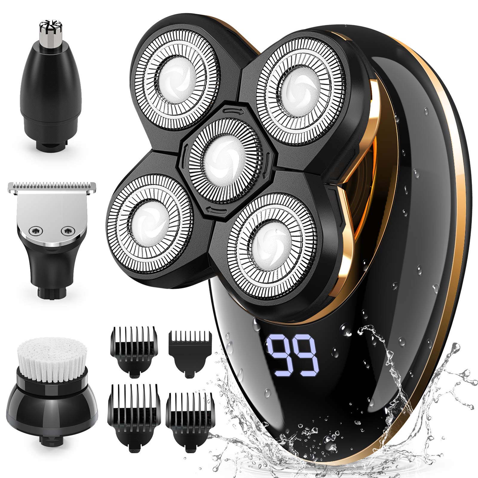Head Shaver,Electric Razors for Bald Men , Rotary Cordless Shavers Nose Hair Beard Trimmer Clippers Facial Cleansing Brush Waterproof USB Rechargeable Men Grooming Kit with 5D Floating with LED Display