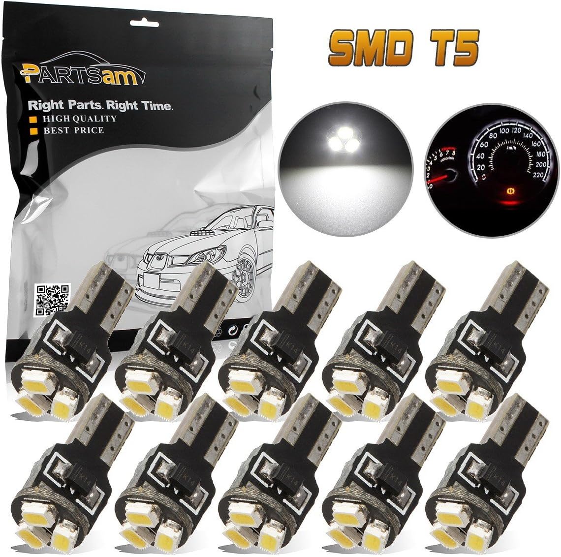 Partsam T5 Wedge 3-3020-SMD Gauge Cluster LED Light Instrument Panel Indicator Bulb, White, Pack of 10