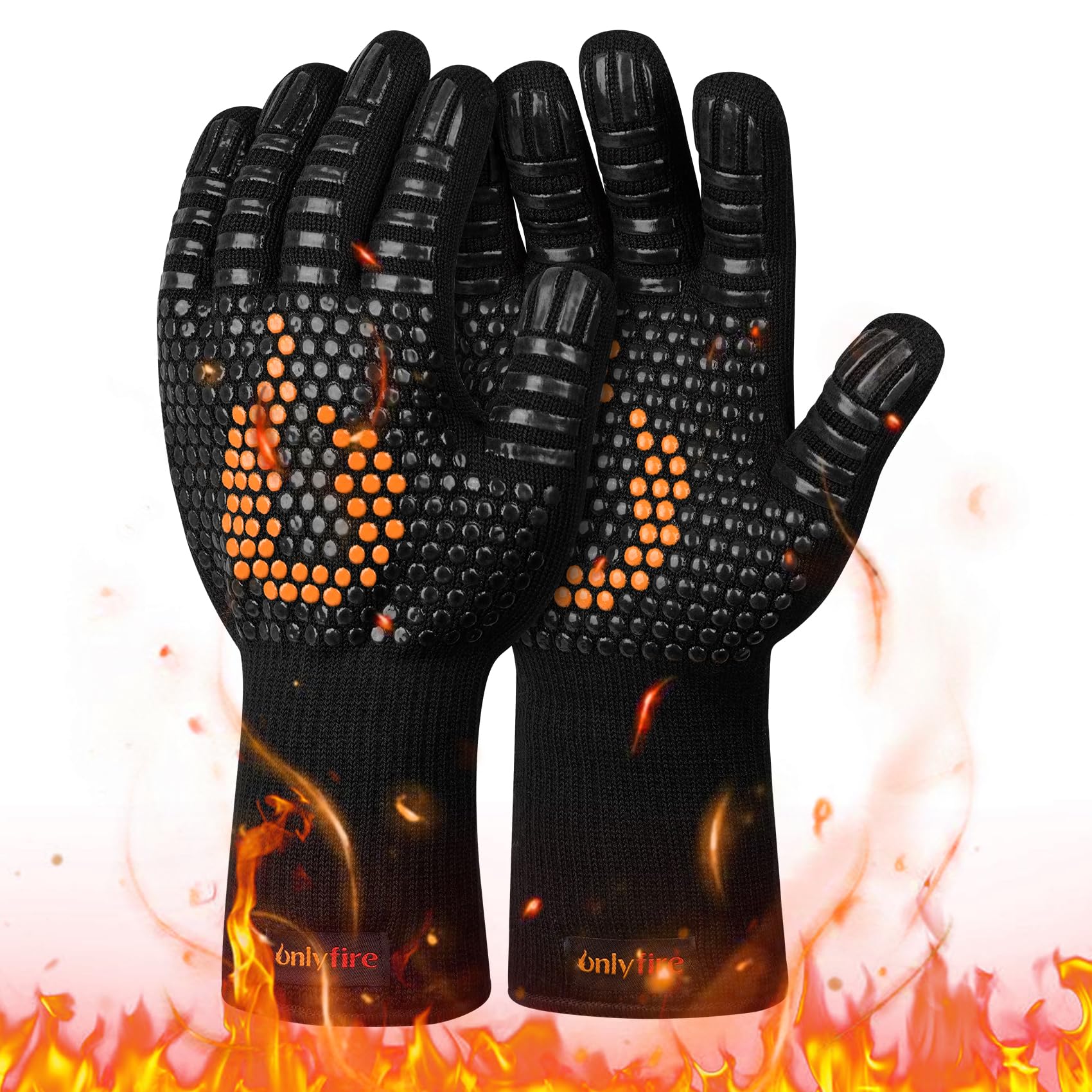 onlyfire BBQ Gloves, 800°C Extreme Heat Resistant Oven Mitts, Silicone Oven Gloves for Grilling, Barbecue, Baking and Cooking, Black