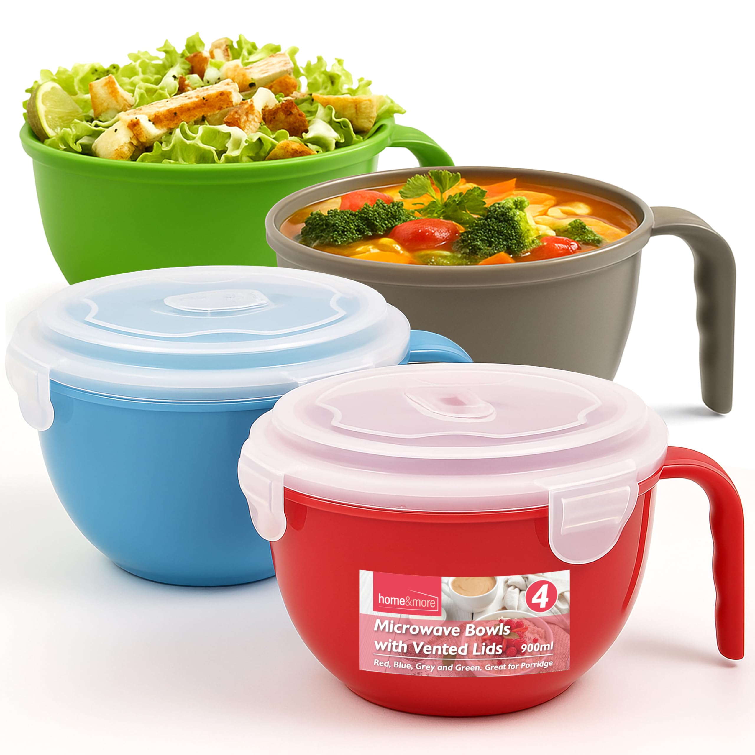 SOL 4pk Microwavable Containers with Vented Lids - 900ml Soup Mugs with Handles for Home & Office - Dishwasher-Safe Microwave Bowls with Leak-Proof Lids
