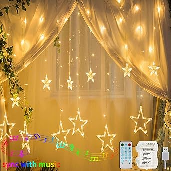 hezbjiti 138 leds luces de cortina de estrella guirnalda de luces de cadena estrelladas con funcion de ritmo musical mando a distancia para