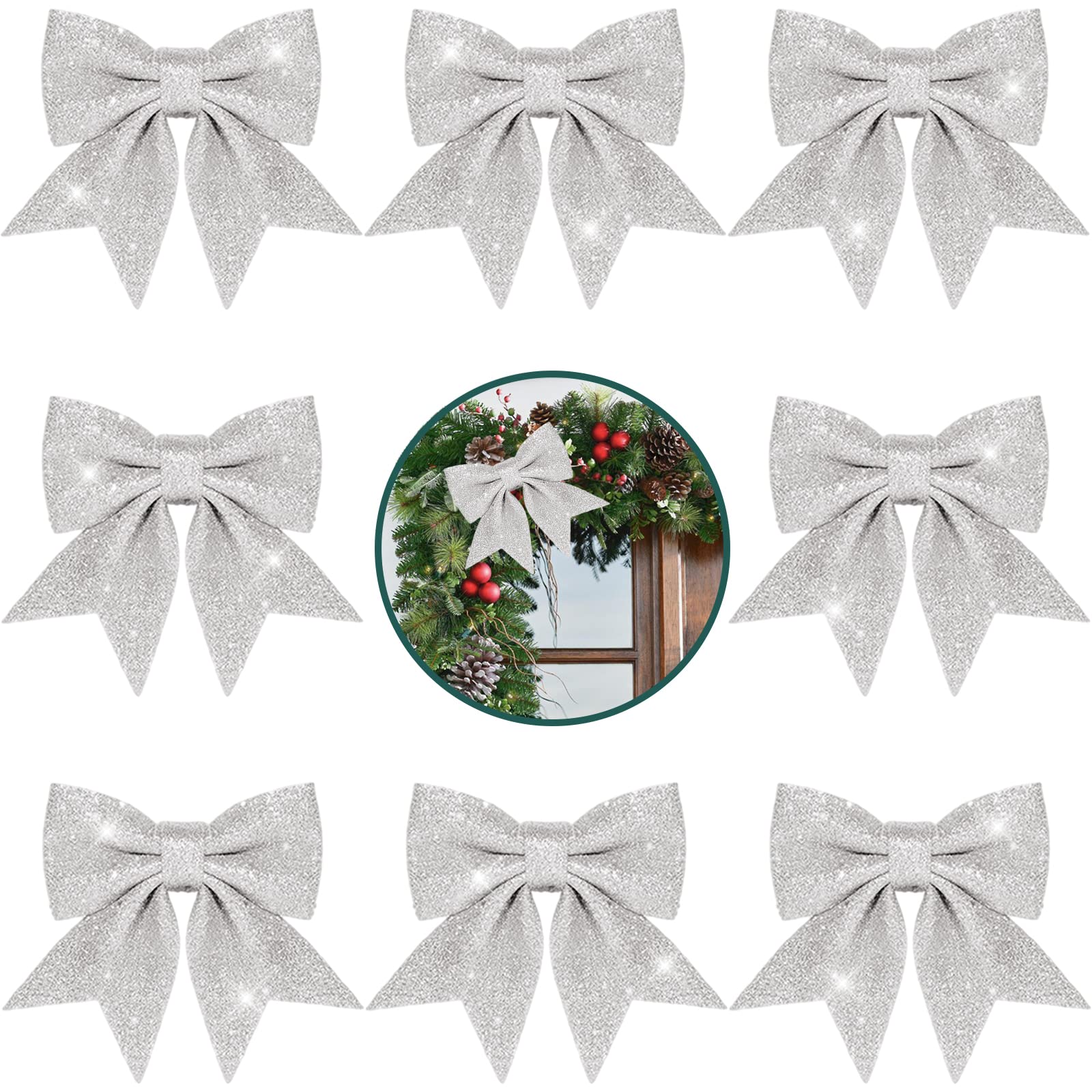 8Pcs Silver Glitter Christmas Tree Bows,5.5in Wreaths Bows for Christmas Tree Decorations,Xmas Tree Bow with Sequin Ties,Foam Bow for Christmastree Ornaments,Wreath Making,Garland,Gift Wrapping
