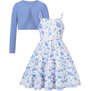 Girls Tiered Swing Dress for 7-14Y Adjustable Strap Outfit with Cardigan | Spring, Summer, Fall, Winter, Homecoming, Church,