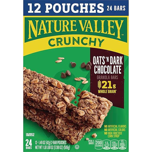 NATURE VALLEY CRUNCHY GRANOLA BARS, OATS ‘N DARK CHOCOLATE, 24 BARS, 17.88 OZ (12 POUCHES)
