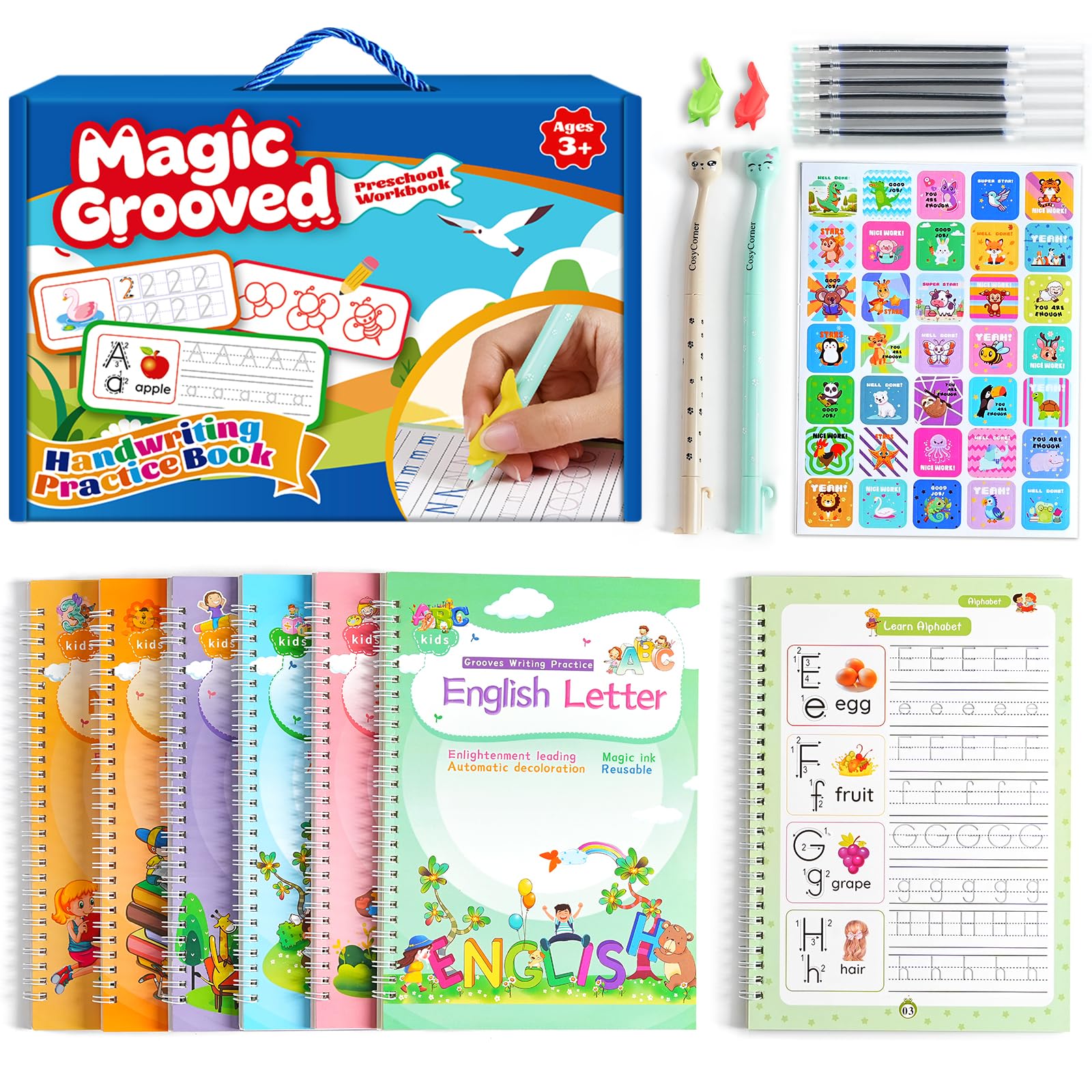 CosyCorner Magical Handwriting Workbooks Handwriting Practice Magic Copybook, Handwriting Aid Magic Pen Reusable Copybook Grooves Template Design for Children (6)