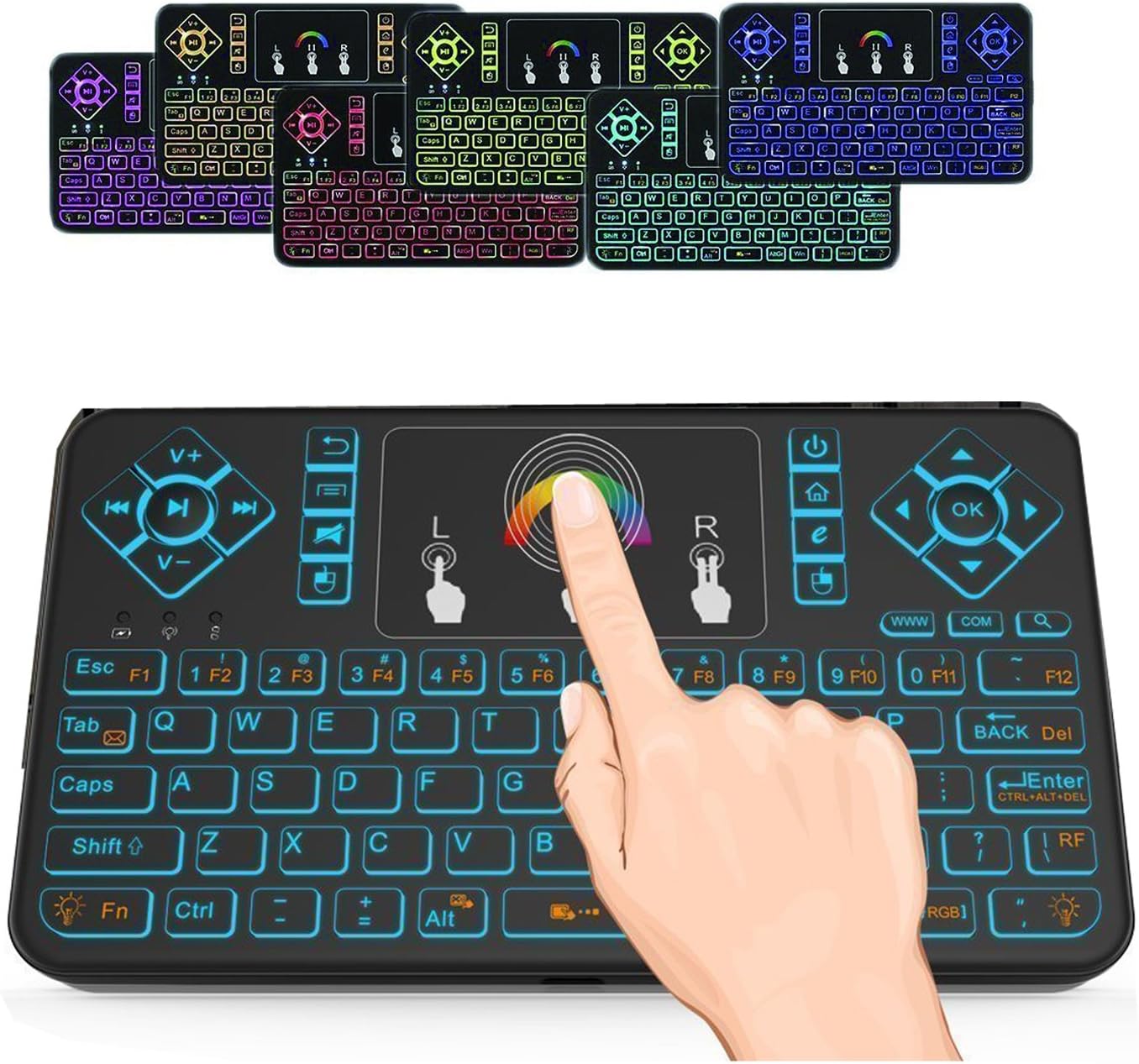 SUAVER 2.4GHz Colorful Backlit Mini Wireless Keyboard with Touchpad Mouse,Rechargeable Wireless Remote Mini Keyboard for Android TV box, HTPC,IPTV,Windows PC,PAD,XBOX 360,PS3, PS4 (Black)