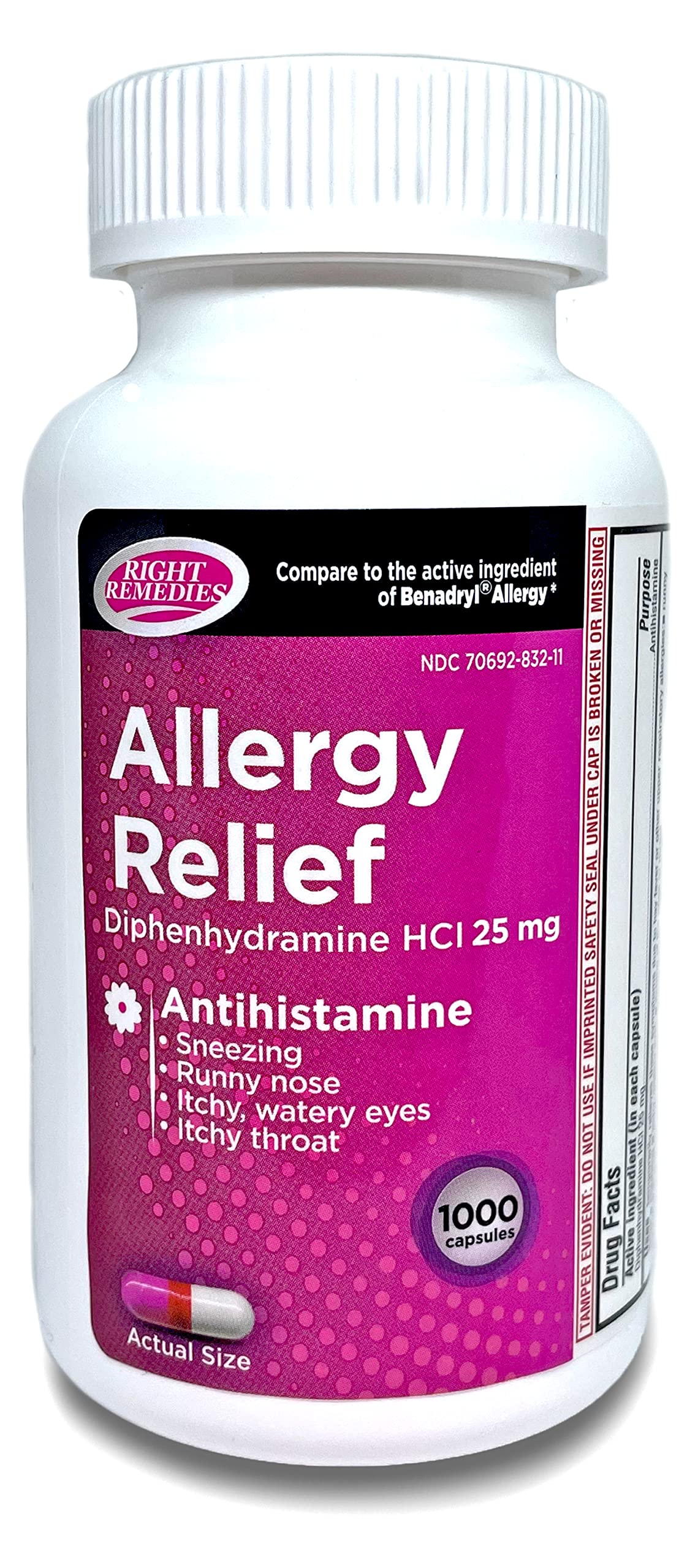 Allergy Relief, Antihistamine, Diphenhydramine HCL 25mg, Generic Benadryl Capsules, Relieves Seasonal Indoor or Outdoor Allergies, Runny Nose, Sneezing Allergy Relief (1000 Capsules)