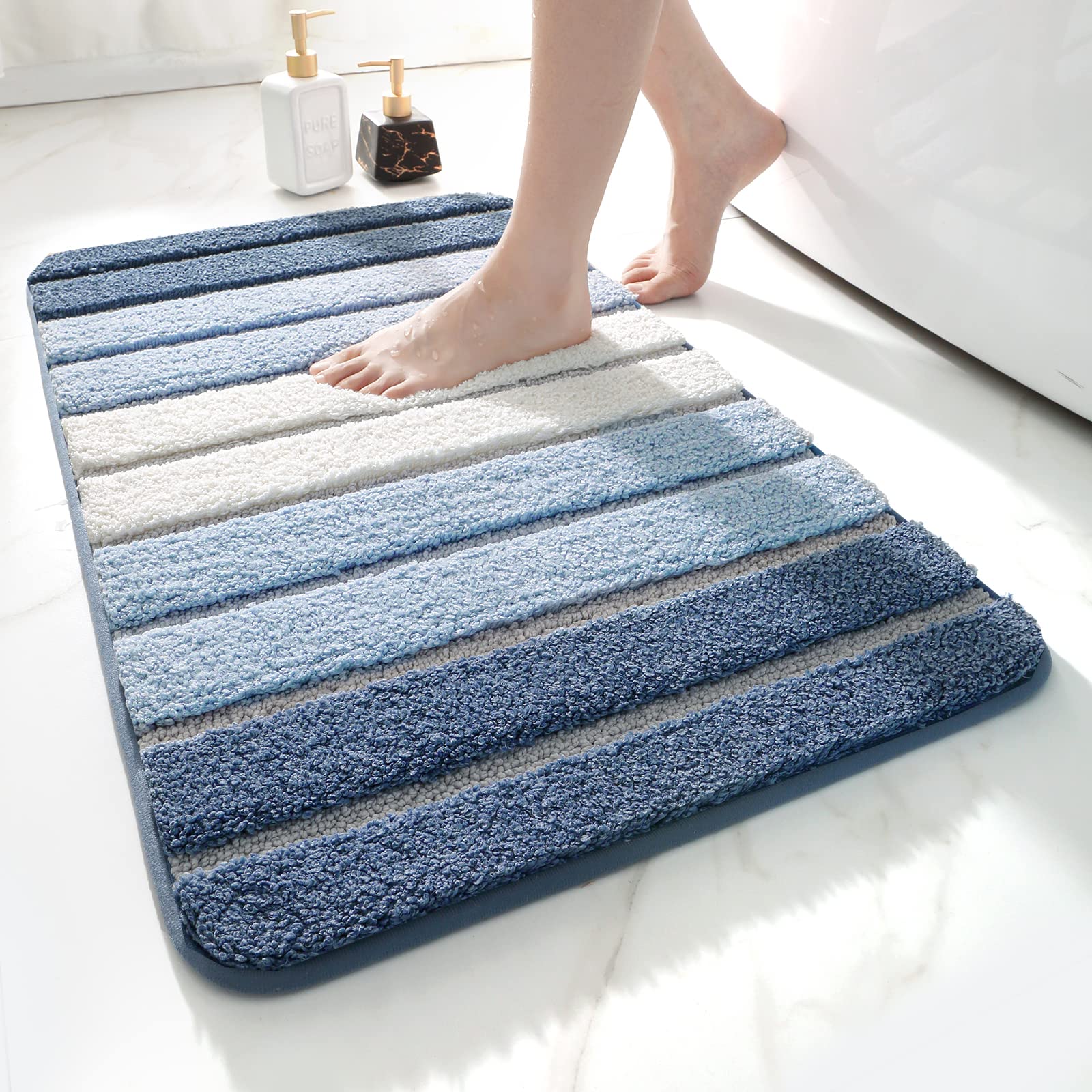 DEXI Bath Mat 50 x 80 cm, Extra Soft Absorbent Microfiber, Non-Slip Washable Rugs for Shower Floor, Bathmat Bathroom Accessories Decor, Blue