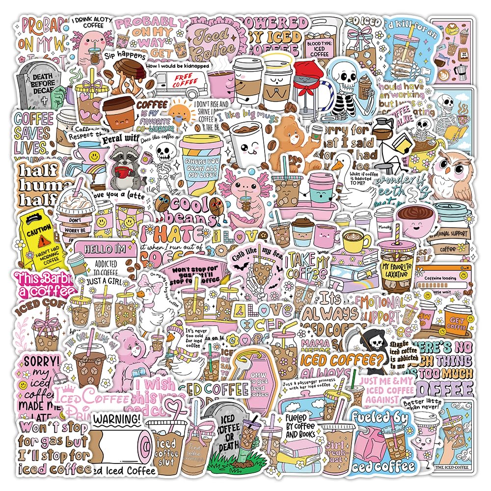 Photo 1 of 110Pcs Funny Coffee Stickers, Waterproof Vinyl Stickers for Water Bottles, Laptops, Journals, Coffee Quote Lovers Decals for Scrapbooking, Party Favors, Gifts