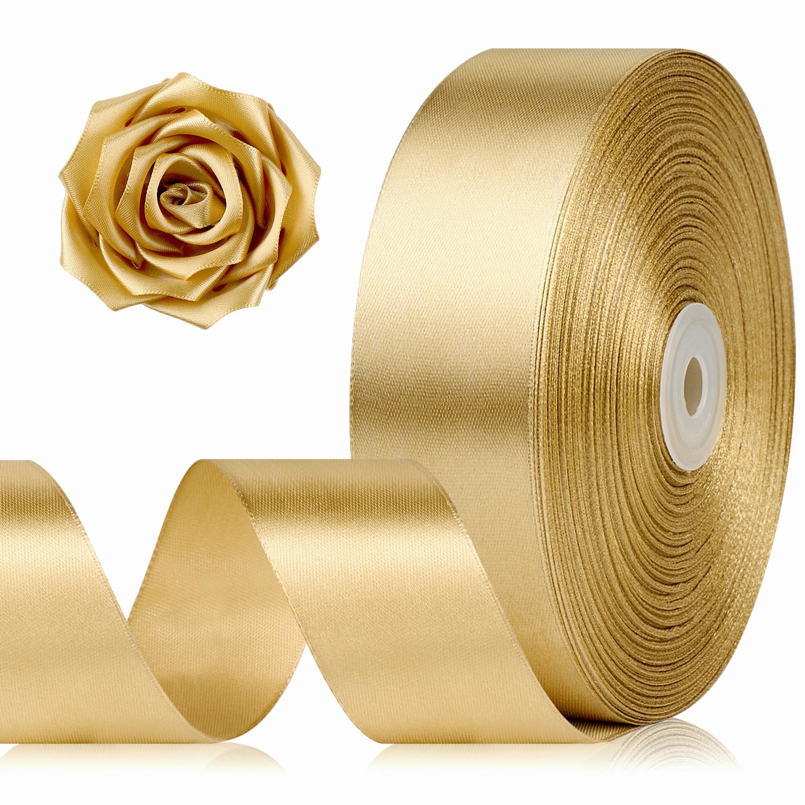 Photo 1 of 1-1/2 Inch 100 Yards Champagne Gold Satin Ribbon, Solid Fabric Ribbon Roll for Flower Bouquet, Gift Wrapping, Roses Making, Handmade Crafts