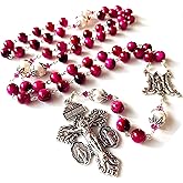elegantmedical Handmade Red Tiger Eye Beads Sterling Silver 10mm Real Pearl Rosary Cross Necklace Catholic Gift