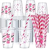 Yaomiao 300 Pcs 12 oz Halloween Plastic Cups with Lids and Straw Halloween Plastic Cup Disposable Clear Tumbler Whiskey Tumbler Pink Pumpkin Ghost Bat Witch Drinking Set for Party Supply