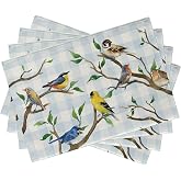 Seliem Spring Summer Birds Placemats Set of 4, Chickadee Goldfinch Robin | Bluebird Nuthatch Sparrow Branch Dining Table Place Mats, Blue Plaid Check Farmhouse Kitchen Decor Home Decoration