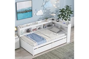 DNChuan L-Shaped Twin Size Daybed with Bookcase Headboard,Captains Corner Bed with Storage Drawers,Wooden Slat Support No Box Spring Needed,White