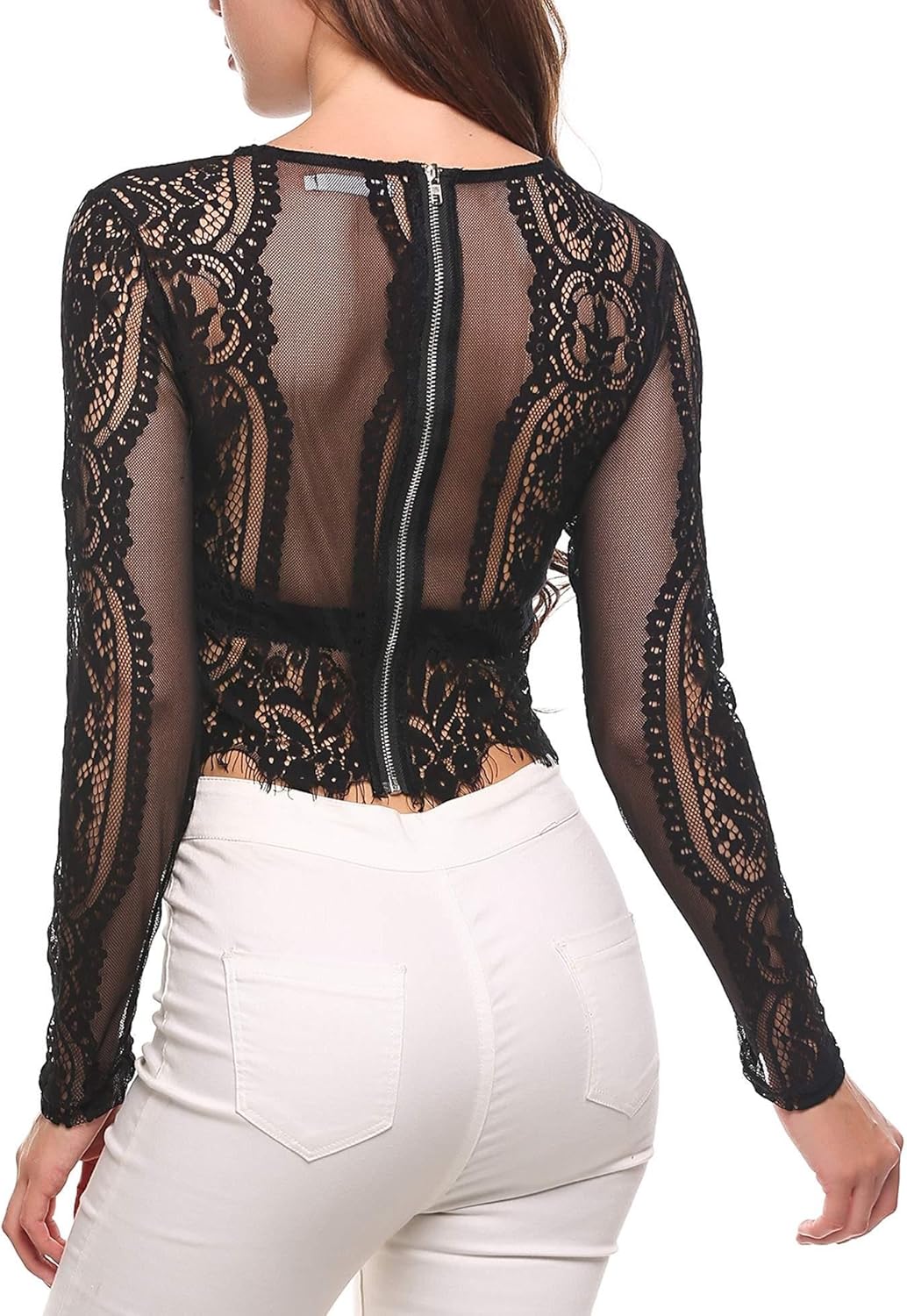 SoTeer Women's Fashion Slim Fit Lace Long Sleeve/Short Sleeve Sexy Sheer Blouse Mesh Lace Crop Top Shirt (S-XXL): Clothing