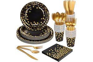 Goodlluck 175PCS Black Gold Paper Plates and Cutlery Set,Party Plates for 25, 7 Inch and 9Inch Paper Plates,Plastic Spoons Fo