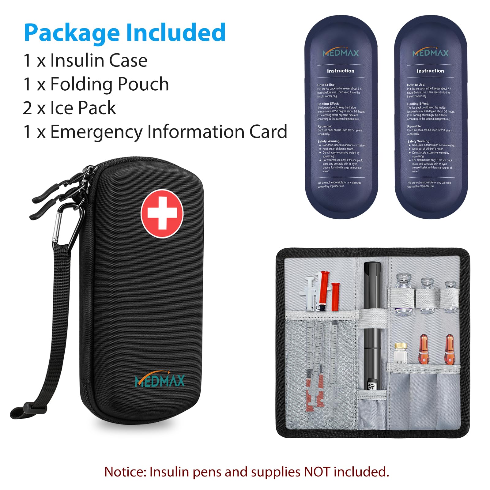 Hard Shell Insulin Cooler Travel Case with 2 Ice Pack, Shock Absorption Insulated Diabetic Medication Organizer Carrying Bag with Extra Pouch for Insulin Pen and Other Diabetic Supplies, Black
