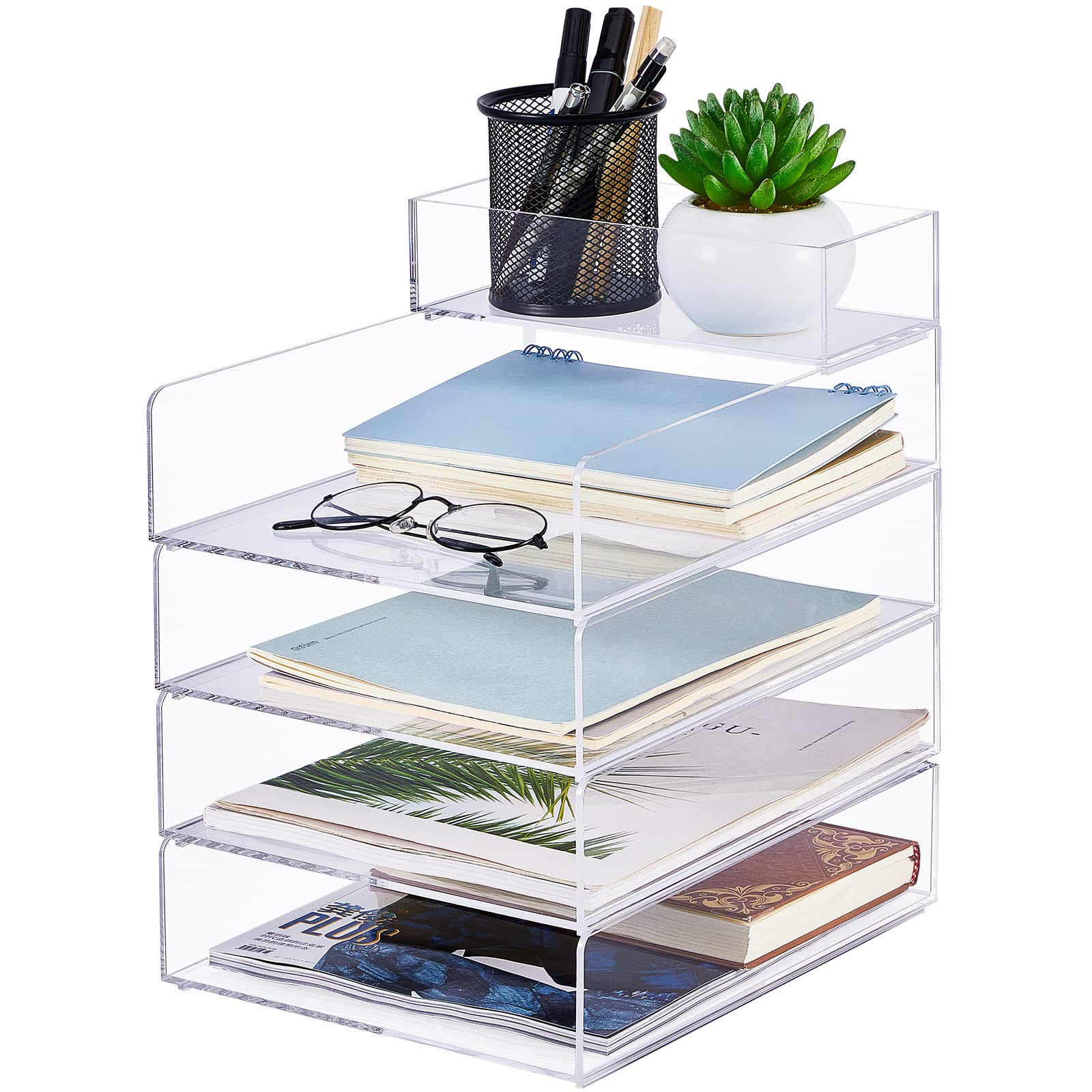 Photo 1 of Yulejo Stackable Acrylic Paper Tray Clear Acrylic Desk Organizer Letter Size Paper File Tray for Office Document Workspace Desktop (5 Tier)