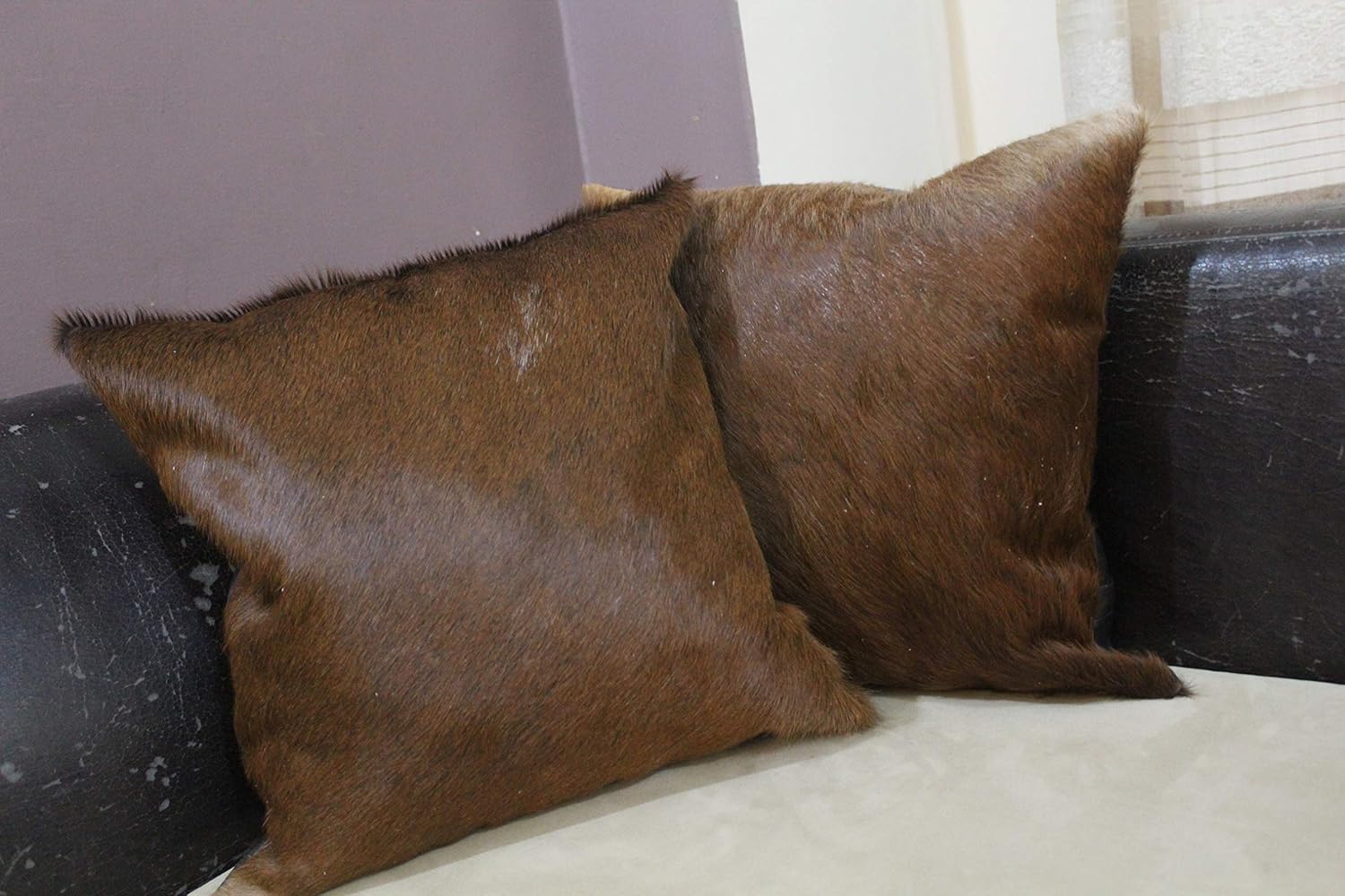 Nature's Robe Single Sided Hair On Leather Brown Set of 2 Genuine Cowhide Cushions 16x16 Inches Cow Hide Cushion Covers Real Cow Skin Decorative Animal Print Pillow Case