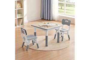 GITAWUSA Kids Study Table and Chairs Set, Height Adjustable Toddler Table and Chair Set for Kids Ages 3-8, 23.6" L x 23.6" W Graffiti Desktop Plastic Children Art Table with 2 Seats, W-Grey