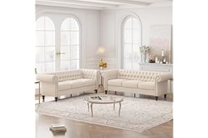 HIFIT 84”W Couch Set for Living Room, Modern 3 Seater Sofa with 23" Deep Seat, Full Handcrafted Button Tufted and Solid Wood Frame, 2 Piece Loveseat Sofa Set for Apartment/Office/Bedroom, Cream White