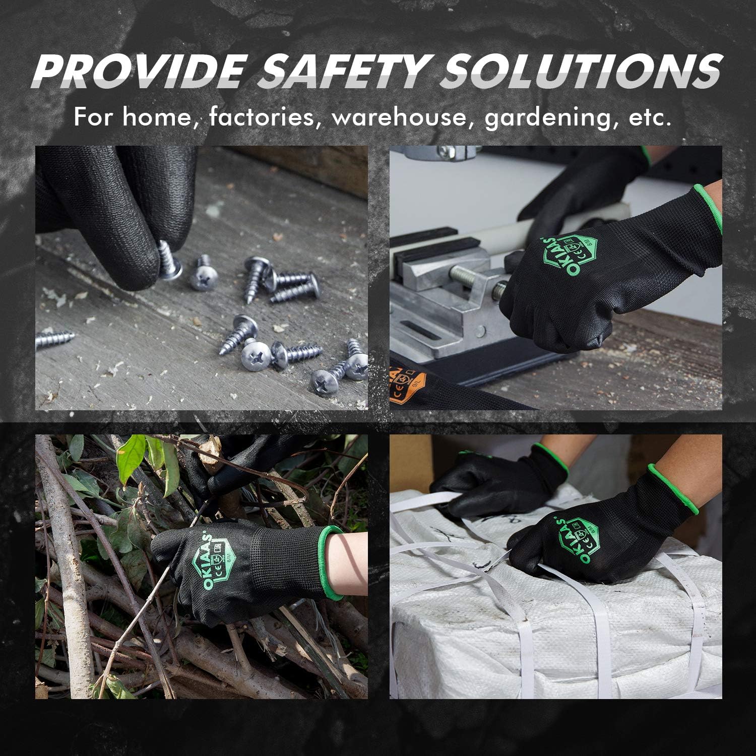 OKIAAS Safety Work Gloves(Bulk 12-Pair Pack, Size L/9) with Grip, Polyurethane(PU) Coated Working Gloves for Mechanic, Warehouse, Gardening, Construction, DIY, Yard Work (Black Large) - - 