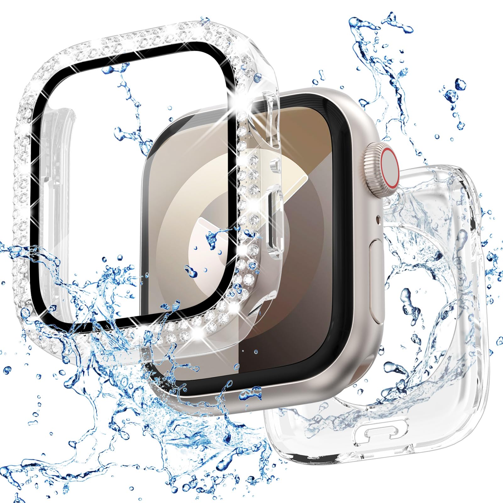 View 1 of 2 in 1 Bling Waterproof Case for iWatch Series 9 8 7 41mm, 360 Protective PC Cover Front & Back Case with Tempered Glass Screen Protector, Double Rows Diamonds Watch Cases for Women, 41mm/Clear