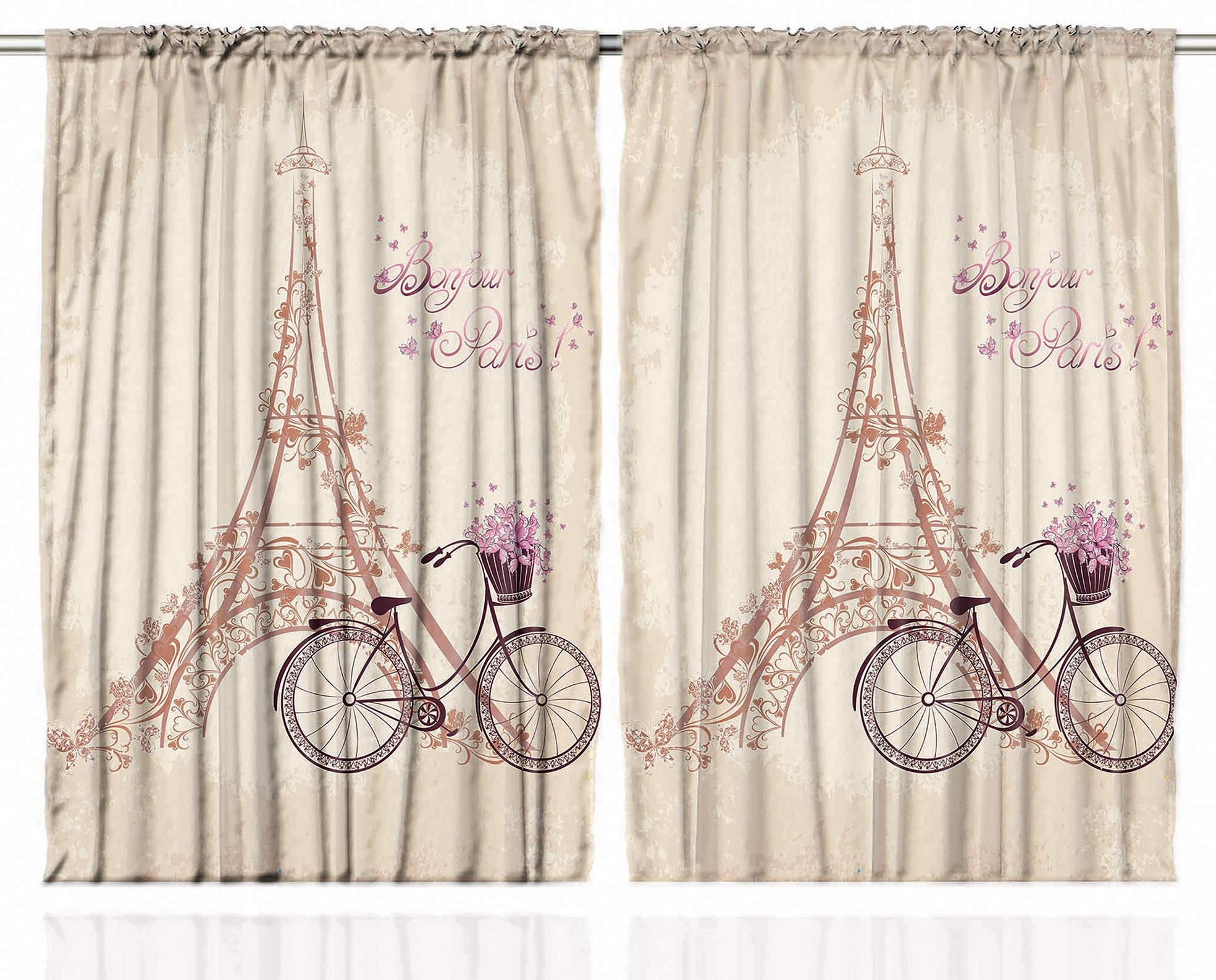 Ambesonne Paris Curtains 2 Panel Set, Eiffel Tower Floral Style