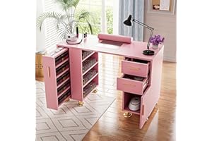 Kikihuose Manicure Table Nail Desk for Nail Tech, Nail Station with Dust Collector, Drawer & Storage Cabinet, Beauty Salon Workstation, Pink