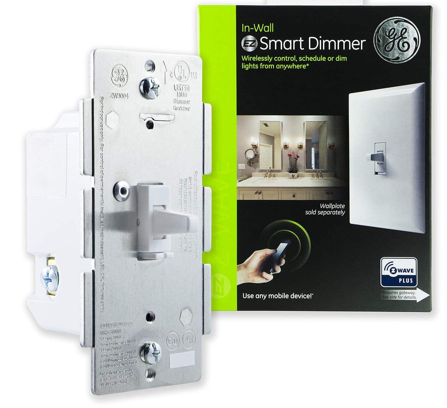 GE Enbrighten ZWave Plus Smart Dimmer Toggle Light Switch, Full