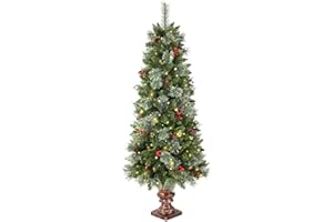 SZCXTOP 5ft Pre-lit Christmas Tree,Potted Artificial Pine Xmas Tree 300 Branches Tips,Decorated with 150 LED White Lights & 18 Red Berries & 14 Pinecone for Home or Office
