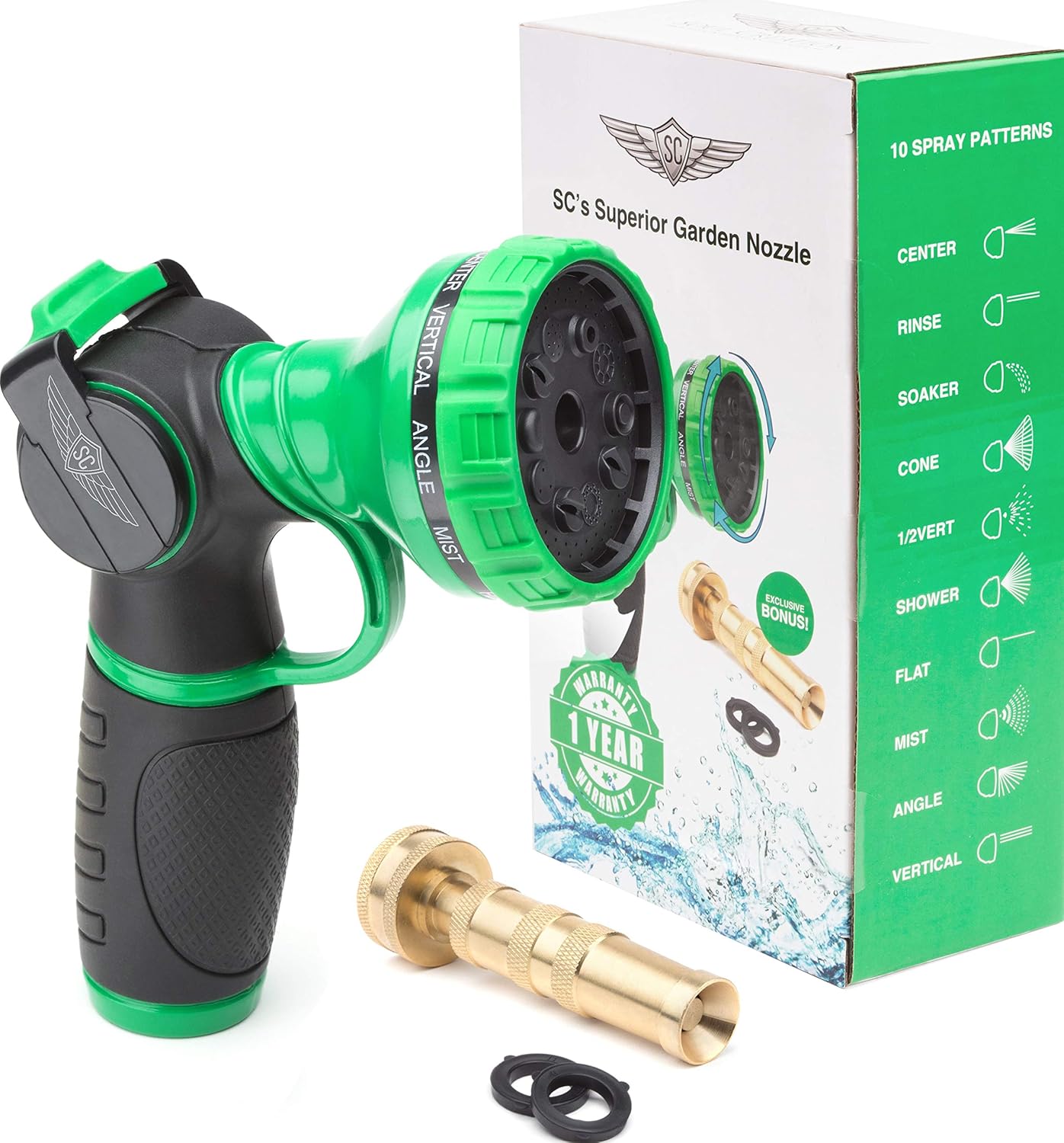 SC Water Metal Garden Hose Nozzle Anti Leak Heavy Duty- 10 Pattern Anti Rust No Squeeze Sprayer -High Pressure Attachment- for Car Wash Water Plants Include Brass Nozzle +1 Year Manufacturer Warranty