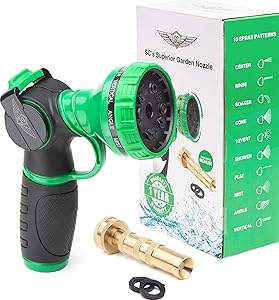 SC Water Metal Garden Hose Nozzle Anti Leak Heavy Duty- 10 Pattern Anti Rust No Squeeze Sprayer -High Pressure Attachment- for Car Wash Water Plants Include Brass Nozzle +1 Year Manufacturer Warranty