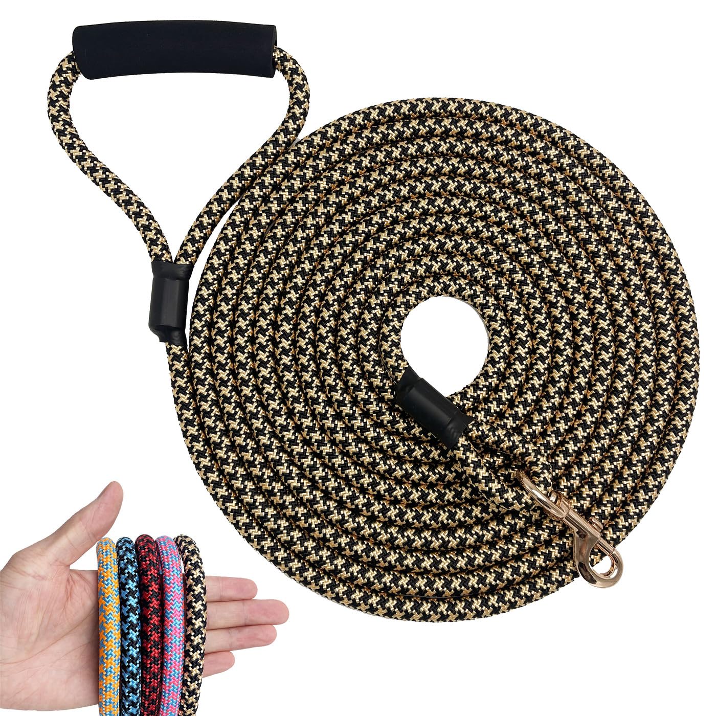 Nylon Strong Dog Rope Lead Leash Training Dog Lead with Soft Handle 6-20 FT Long Black/Golden (Dia:0.5" 8FT)