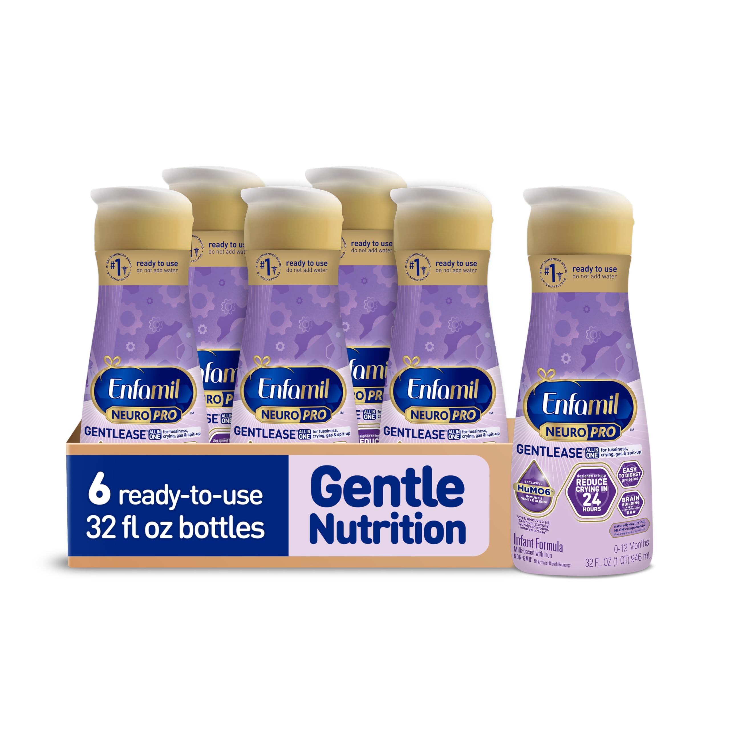 Enfamil NeuroPro Gentlease Baby Formula, Brain Building DHA, HuMO6 Immune Blend, Designed to Reduce Fussiness, Crying, Gas & Spit-up in 24 Hrs, Ready-to-Feed Infant Formula, Liquid, 32 Fl Oz (6 Count)