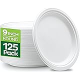 100% Compostable 9 Inch Heavy-Duty [125-Pack] Eco-Friendly Disposable White Bagasse Plate, Made of Natural Sugarcane Fibers -