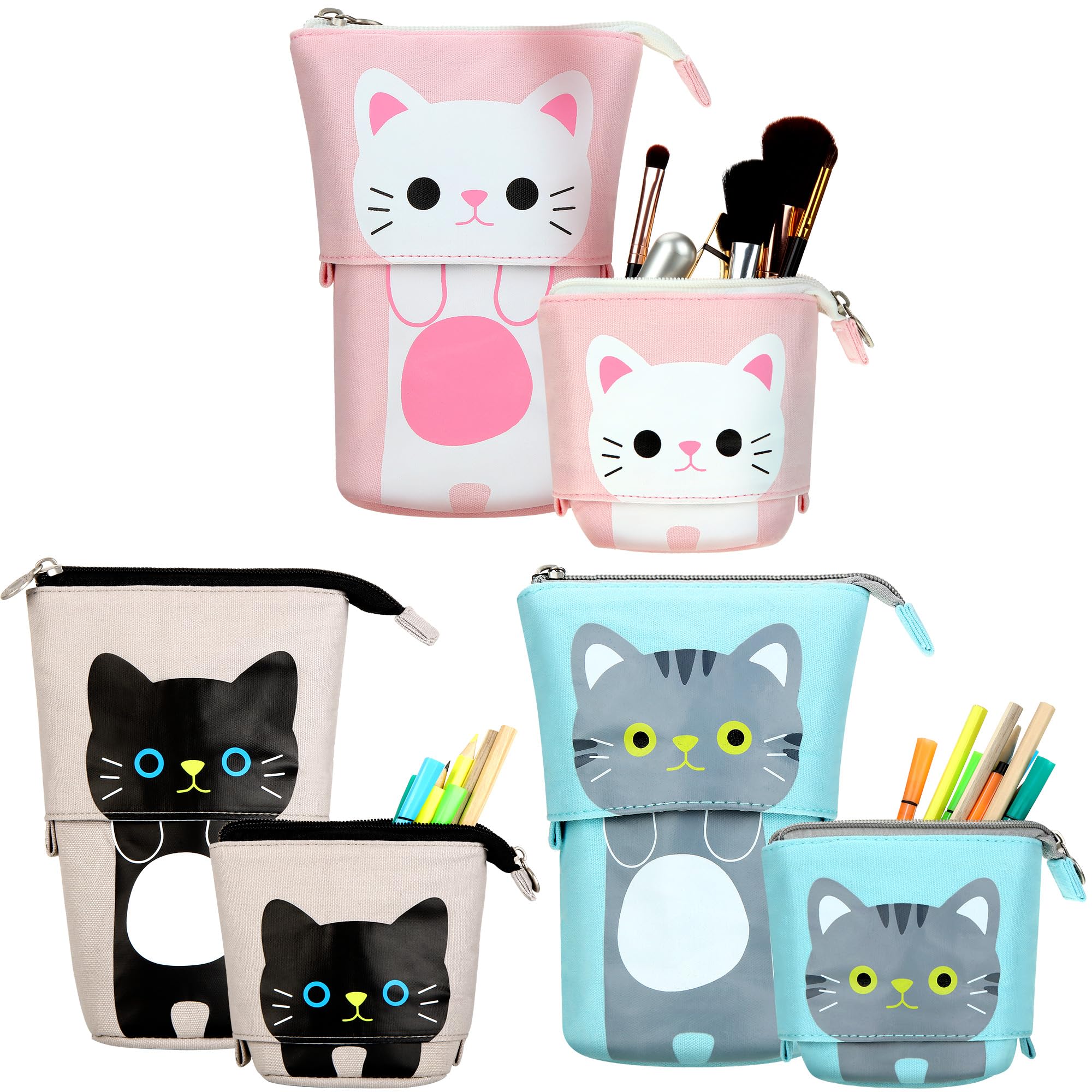 Outus 3 Pieces Telescopic Pencil Holder Canvas PU Cartoon Cute Animals Telescopic Pencil Organizer Cosmetics Pouch Makeup Bag Stationery Pen Case (Gray Cat, Black Cat, White Cat)